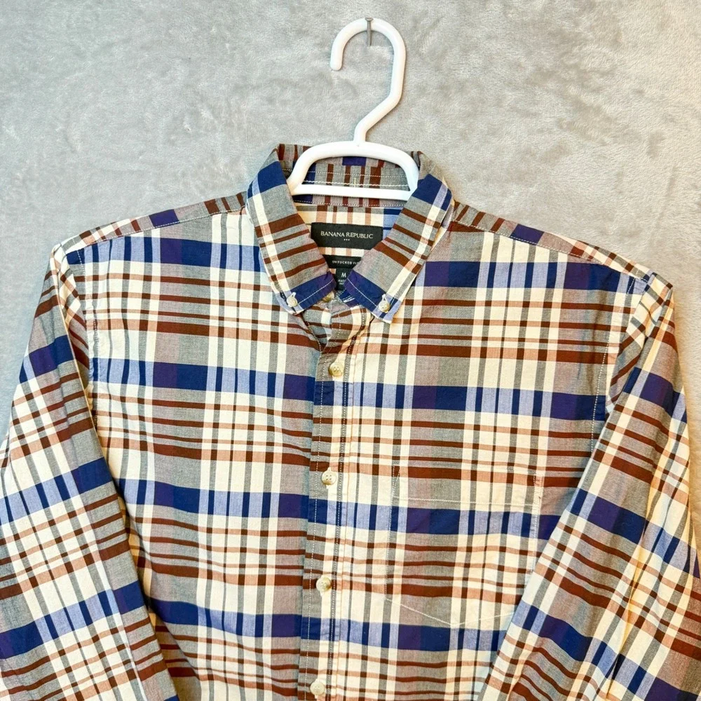 Banana Republic Button Down Shirts Men M Blue Stripe Plaid Oxford Slim Fit Lot 2